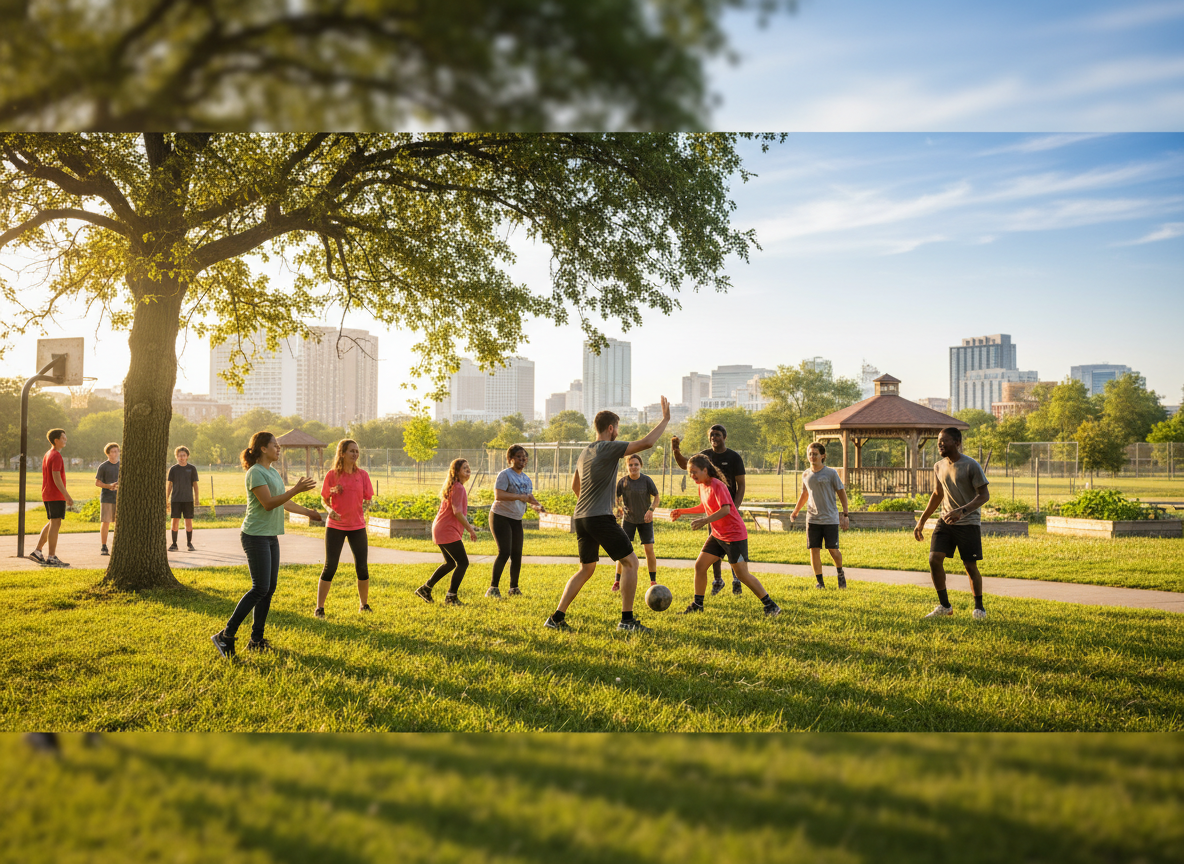 A warm, welcoming community nonprofit scene featuring diverse youth and adult mentors playing sports and interacting together in an outdoor park, bright natural light, inclusive and uplifting atmosphere, suitable as a website call-to-action banner background